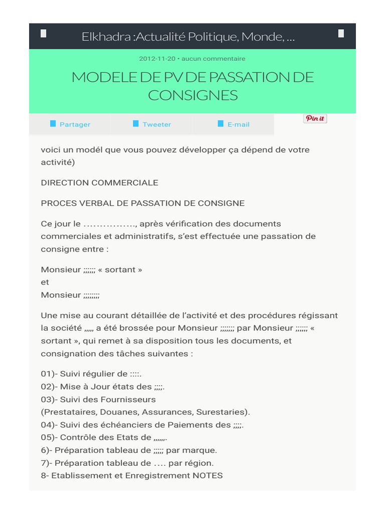 MODELE DE PV DE PASSATION DE CONSIGNES