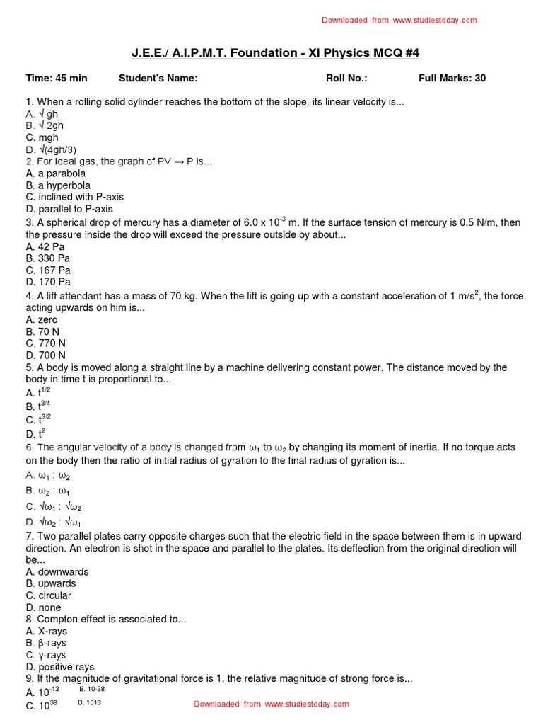 CBSE Class 11 Phyiscs MCQs Set 4 Momentum Physical Quantities