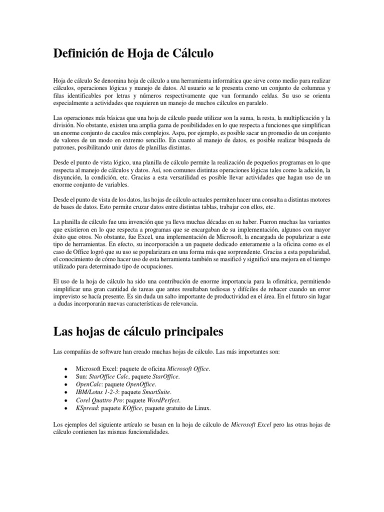 Definición de Hoja de Cálculo Hoja