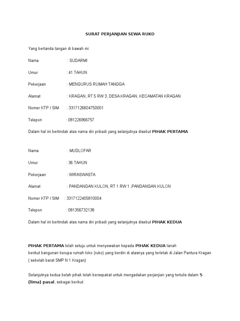 Surat Perjanjian Sewa Ruko Kragan | PDF | Hukum