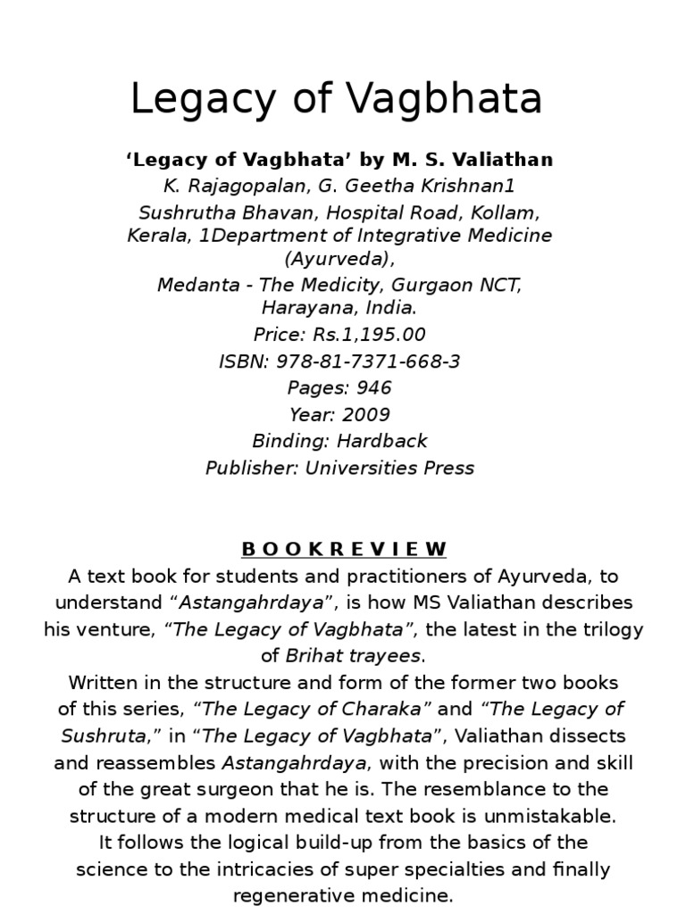 Legacy of Vagbhata Ayurveda Medicine