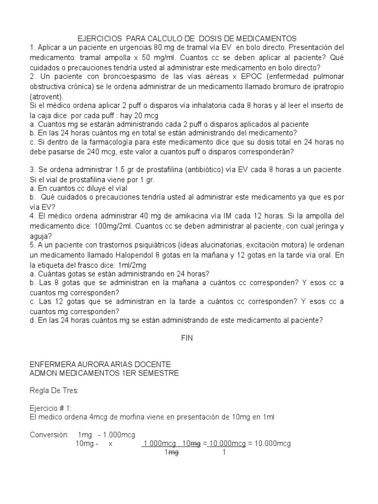 Ejercicios Para Calculo de Dosis de Medicamentos 1 | Medicamentos con