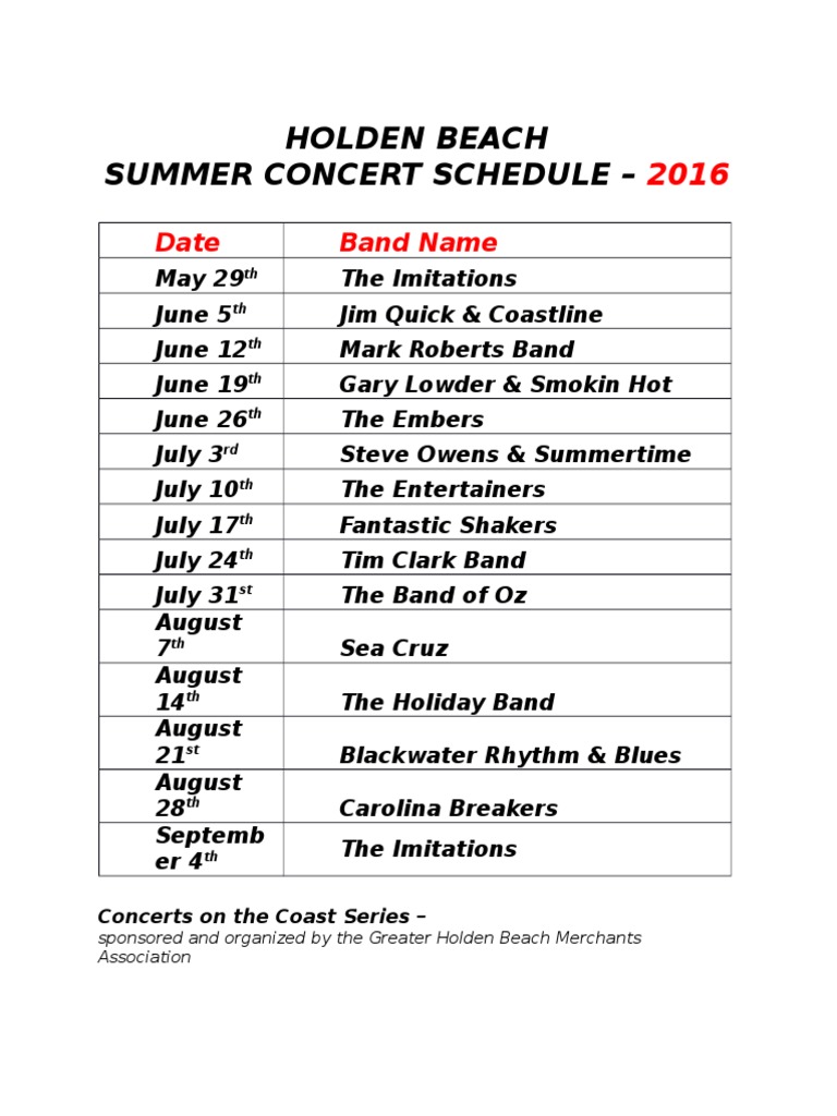 Holden Beach Summer Concert Schedule | PDF | Travel