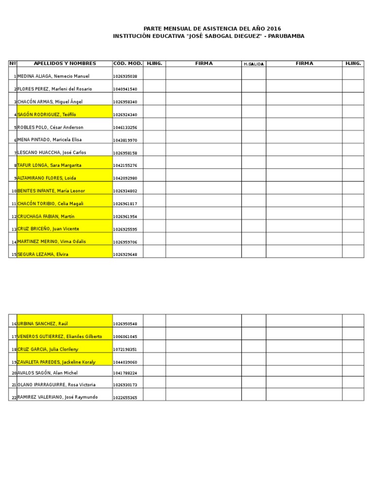 Parte Mensual de Asistencia PDF