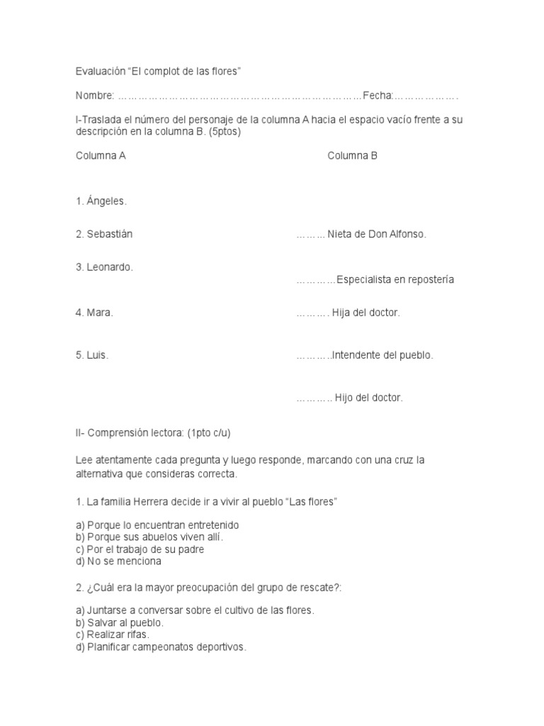 Evaluación El Complot de Las Flores PDF