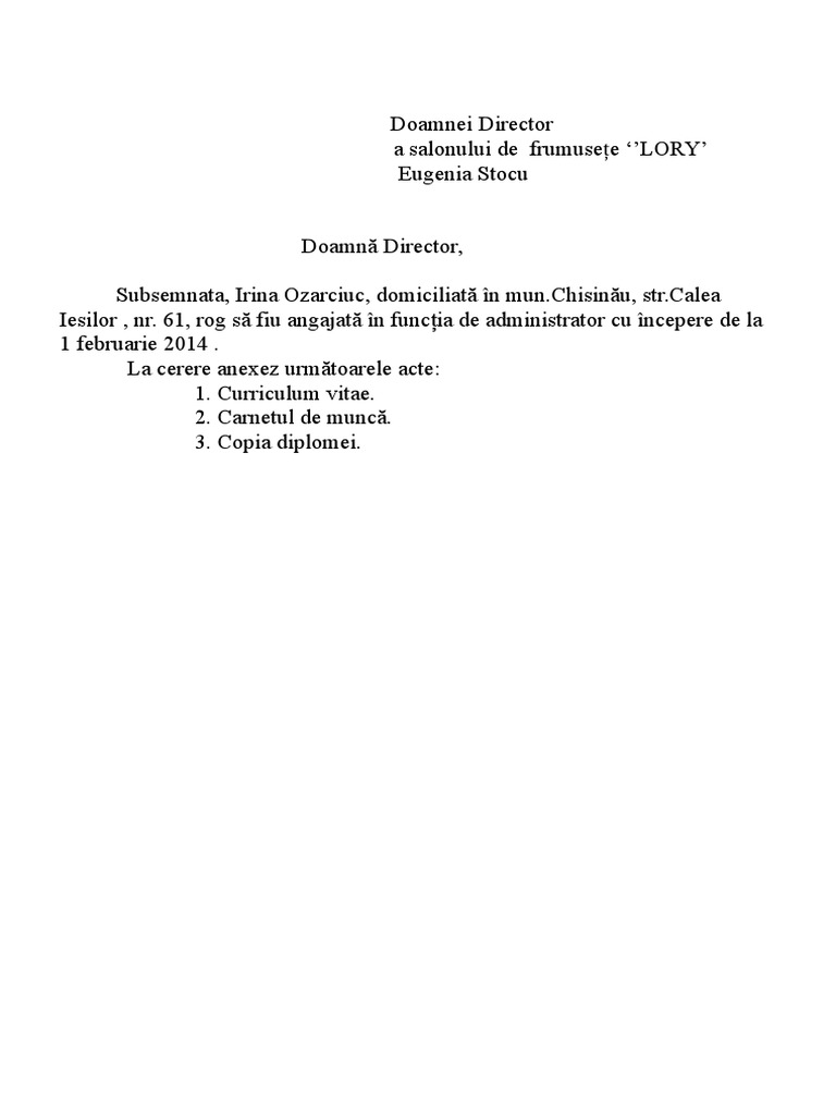 Cerere de Angajare in Cimpul Muncii | PDF