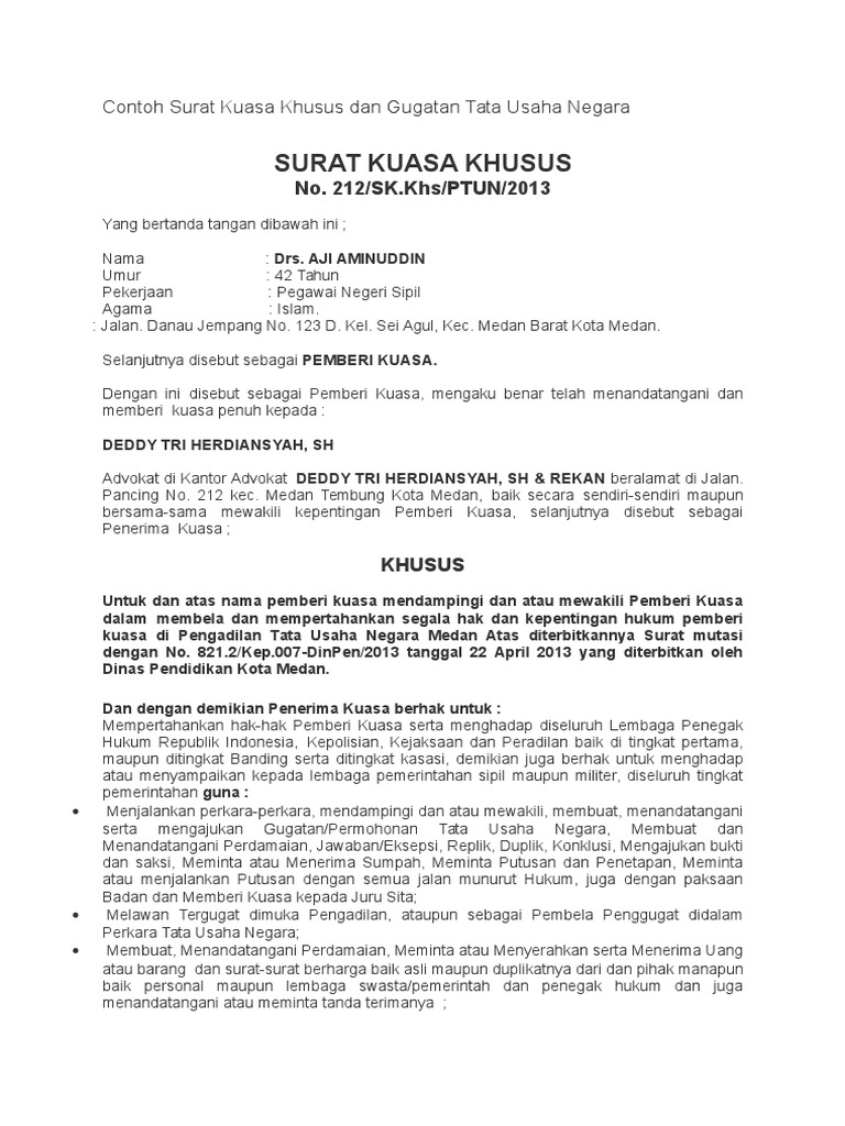 Contoh Surat Kuasa Khusus Dan Gugatan Tata Usaha Negara