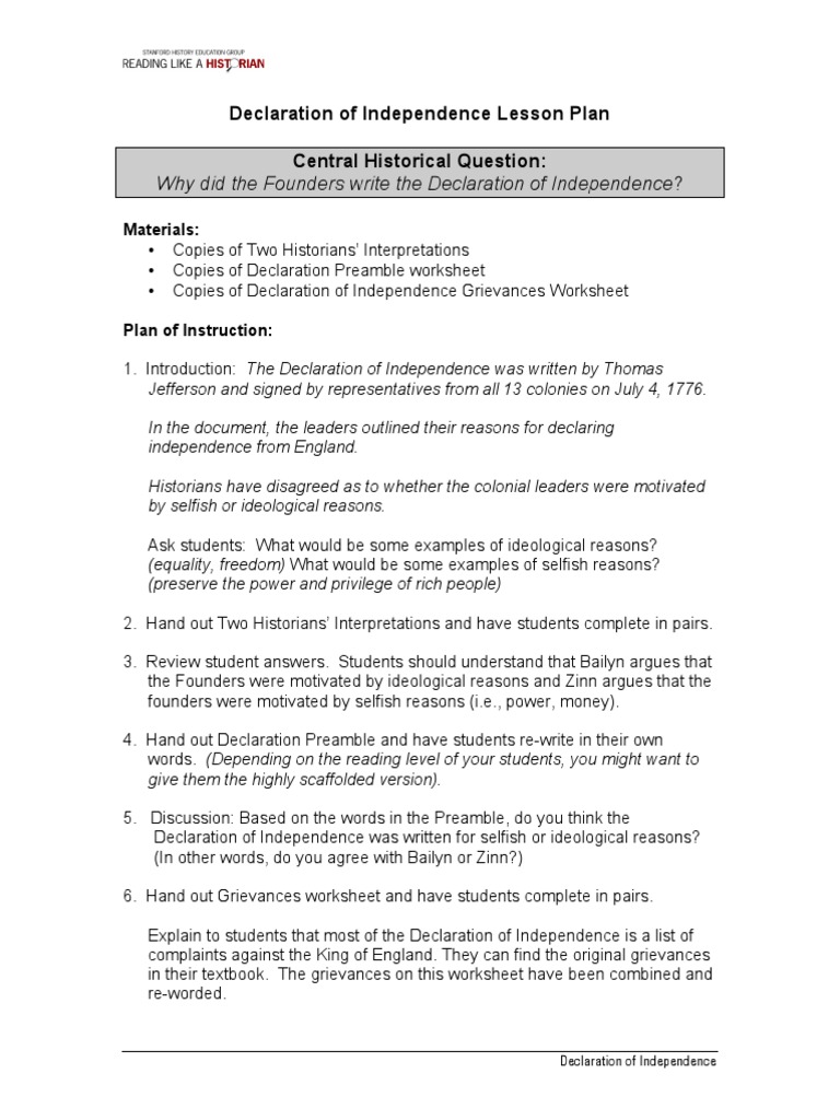 Declaration of Independence Lesson Plan 11  United States Regarding Declaration Of Independence Worksheet Answers