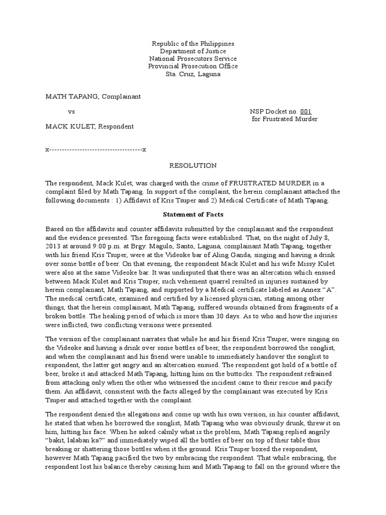 Resolution on Frustrated Murder Case | PDF | Murder | Deviance (Sociology)