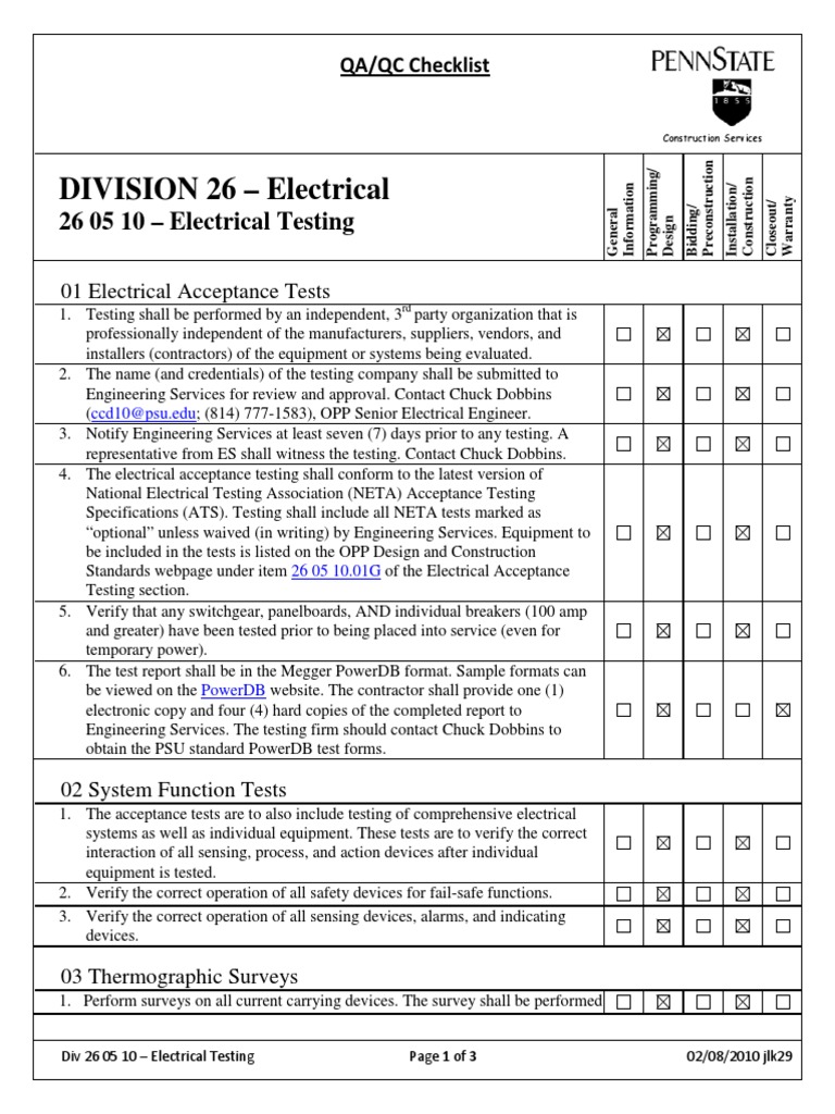 26 05 10 Electrical Testing QA QC Electric Power