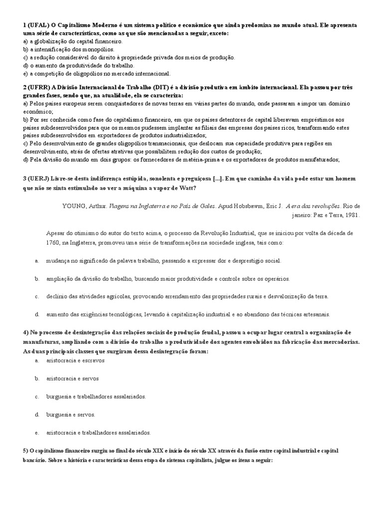 Exercícios Sobre o Capitalismo | Capitalismo | Indústrias
