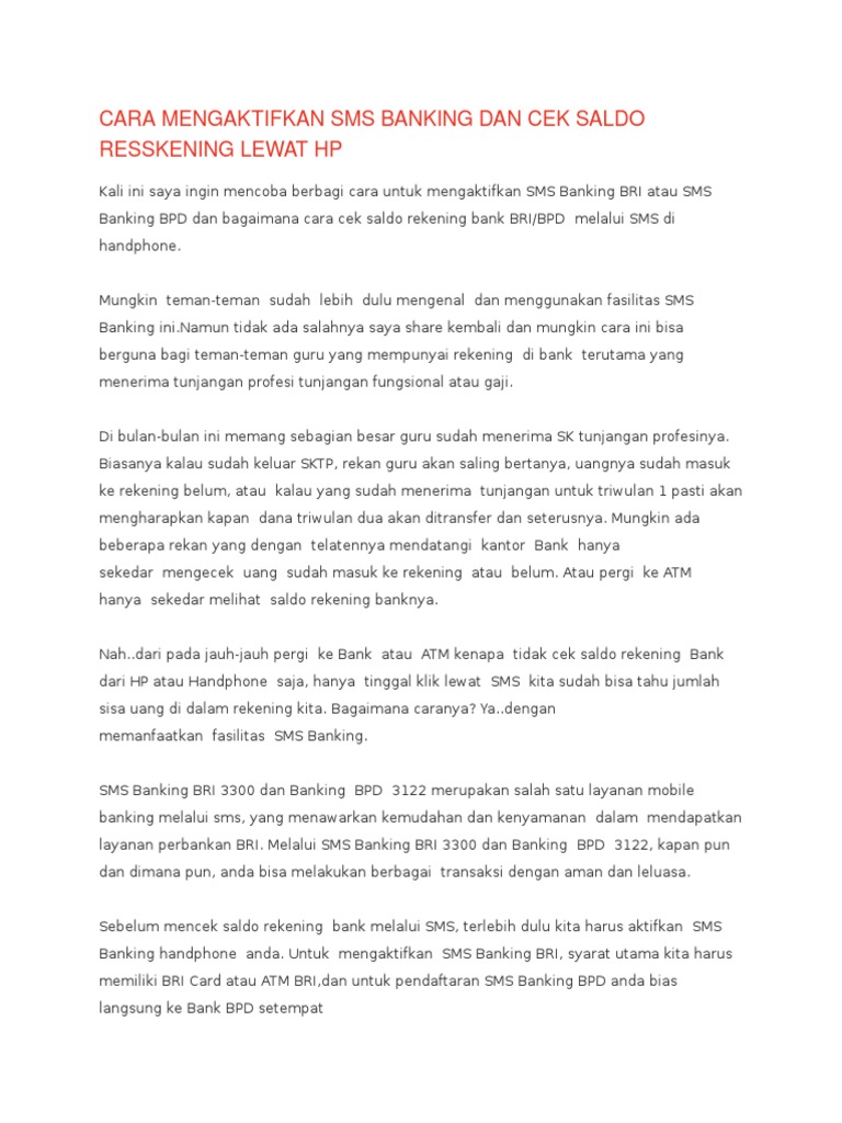 Cara Mengaktifkan Sms Banking Dan Cek Saldo Rekening Lewat Hp