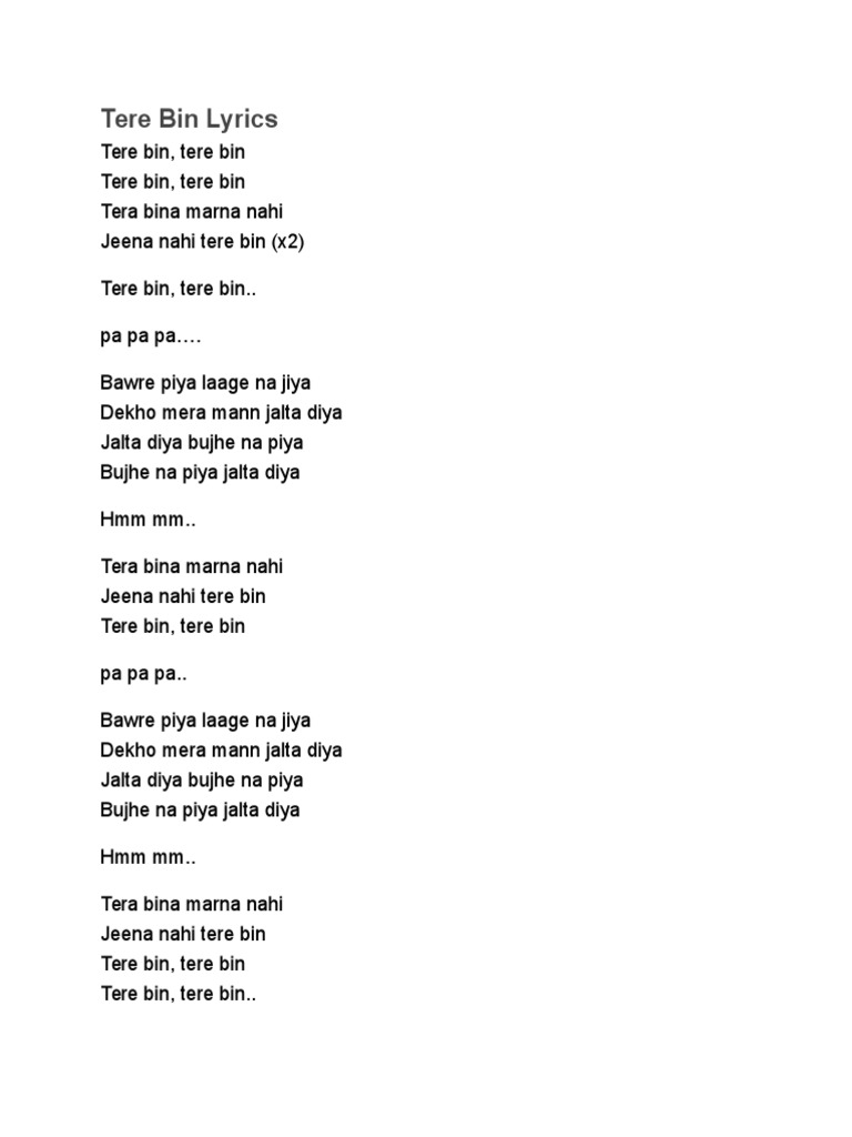 Tere Bin Lyrics PDF