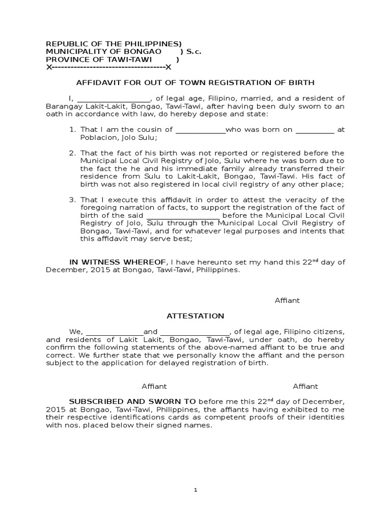 Affidavit For Out of Town Registration of Birth (Sample) PDF