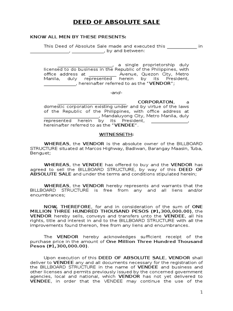 Deed of Absolute Sale Billboard PDF Deed Sole Proprietorship