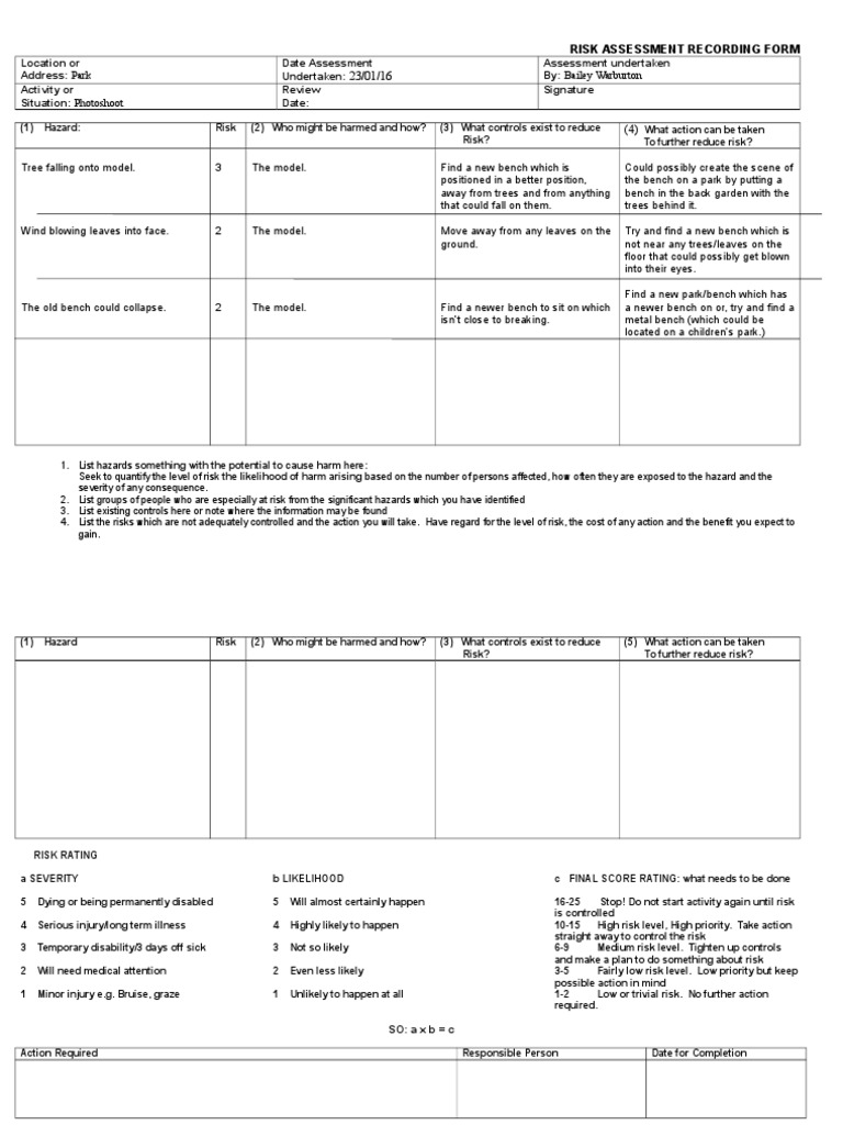 Risk Assessment (Park Bench) Hazards Risk