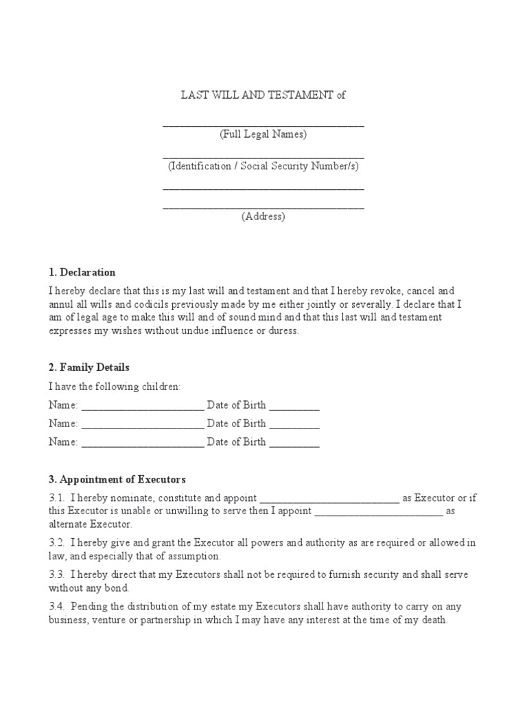 Last Will and Testament Template | PDF | Will And Testament | Executor