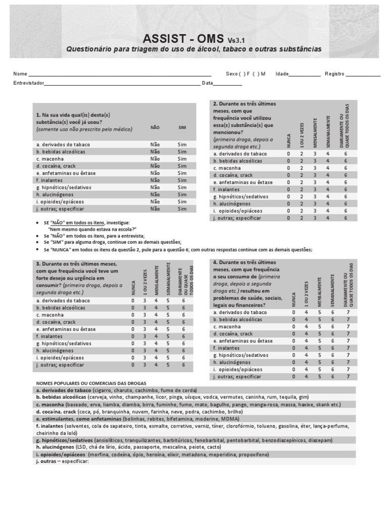 Questionário ASSIST - Triagem de Substâncias | PDF | Crack | Drogas