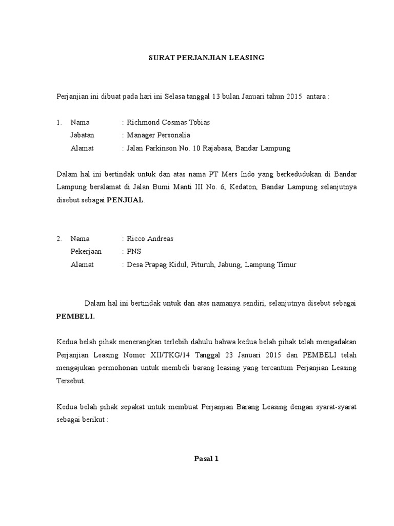 Surat Perjanjian Leasing Pdf