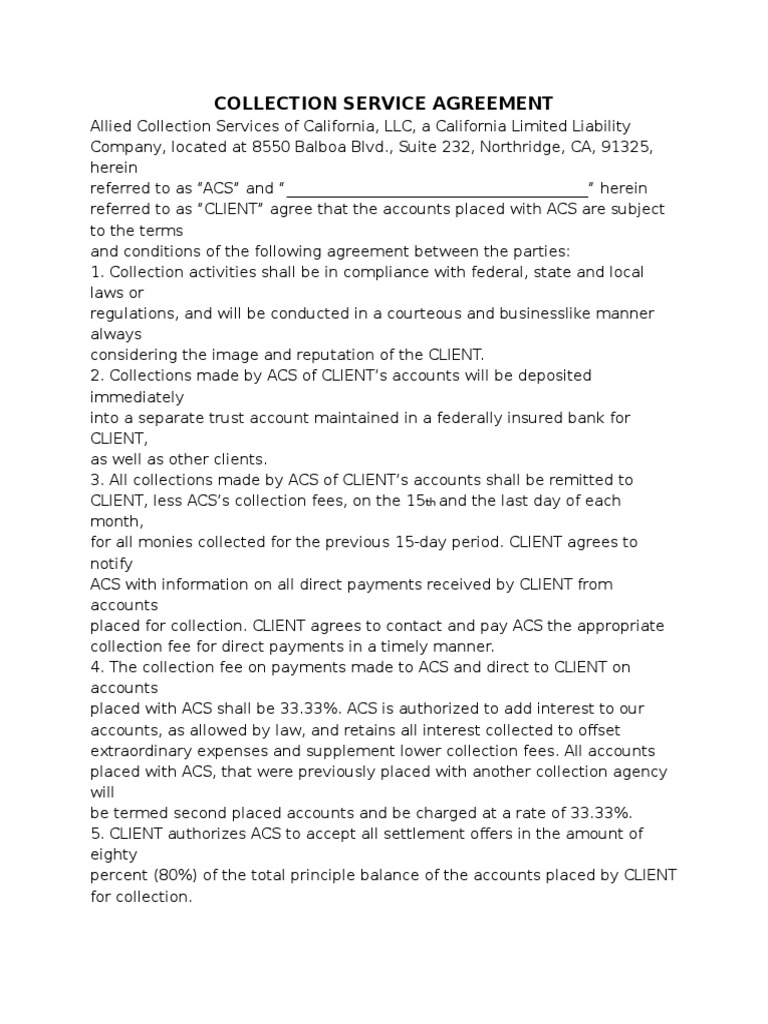 Collection Service Agreement Collection Agency Lawsuit