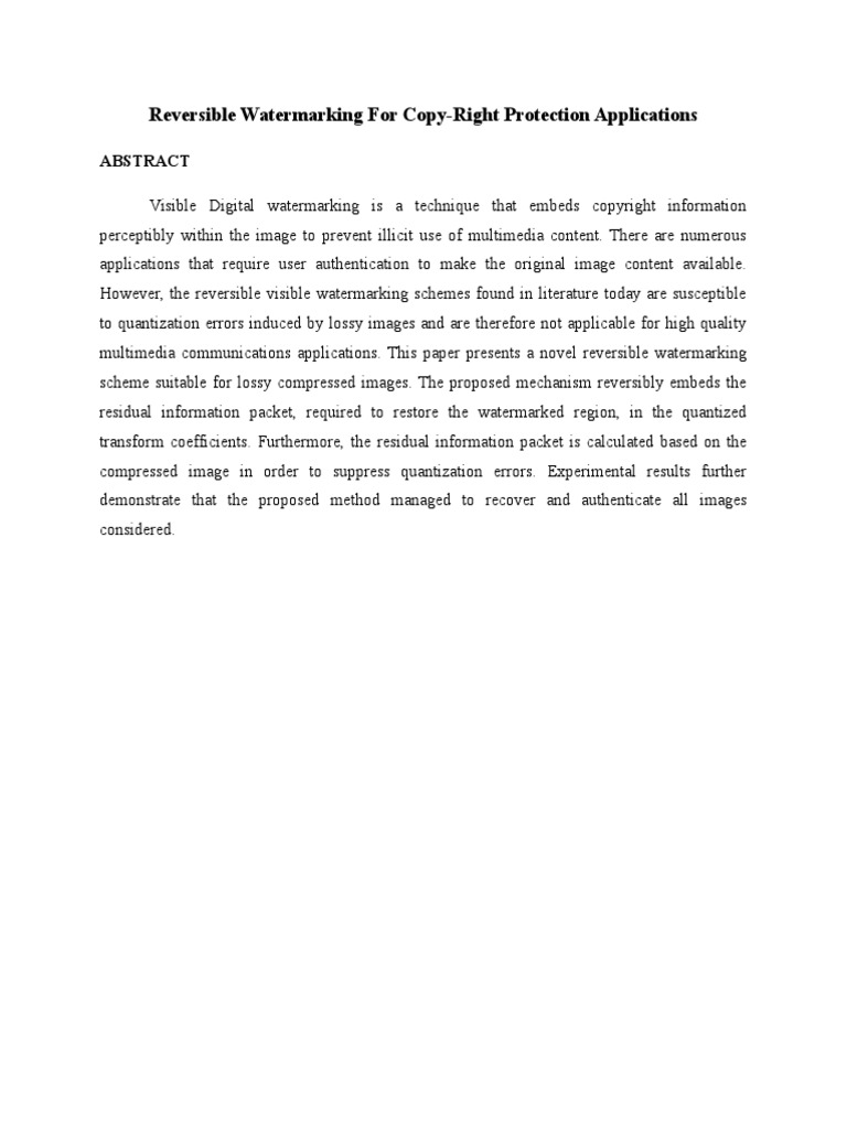 Reversible Watermarking For Copy-Right Protection Applications | PDF ...