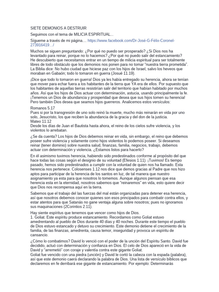 Siete Demonios a Vencer en Milicia Espiritual | PDF | Demonios | David