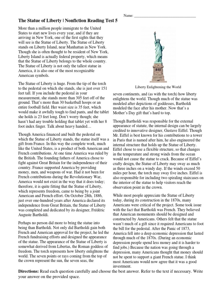 Nonfiction Reading Test 5 Statue of Liberty