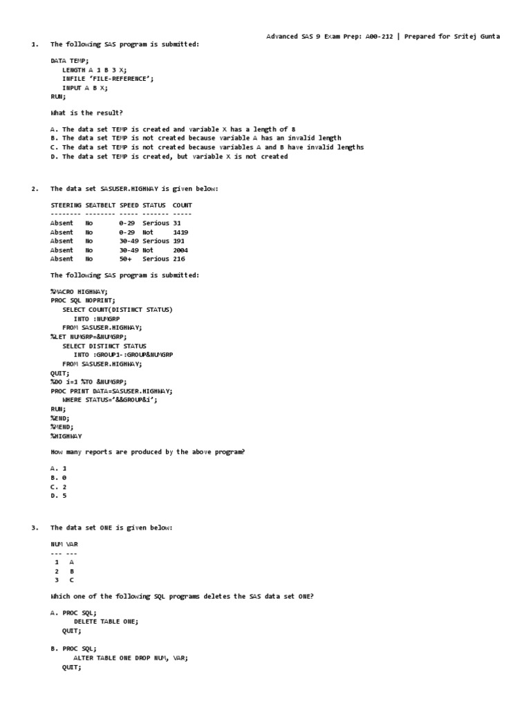 Advanced SAS 9 ExamPrep SritejGunta | PDF | Sas (Software) | Parameter ...