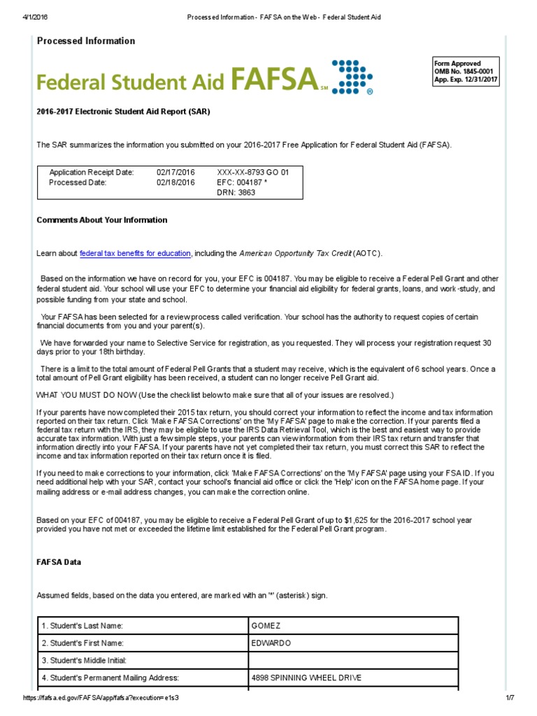 processed information fafsa on the web federal student aid Pell