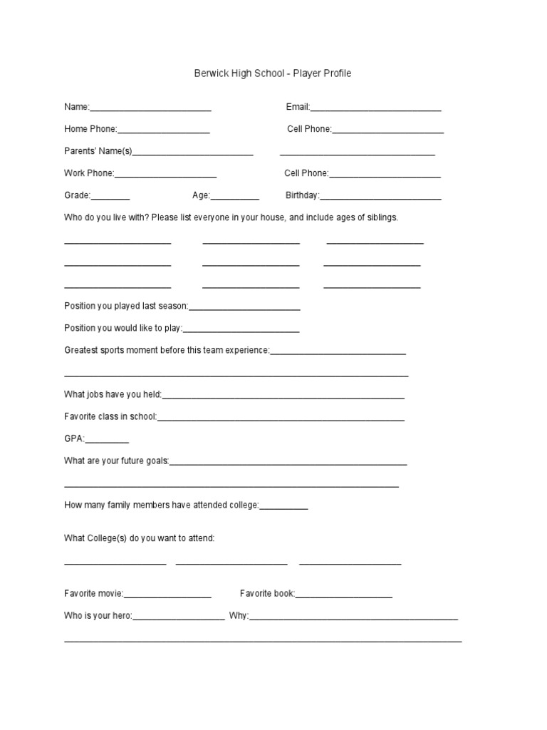 HighSchool Football - PlayerProfile Handout | PDF