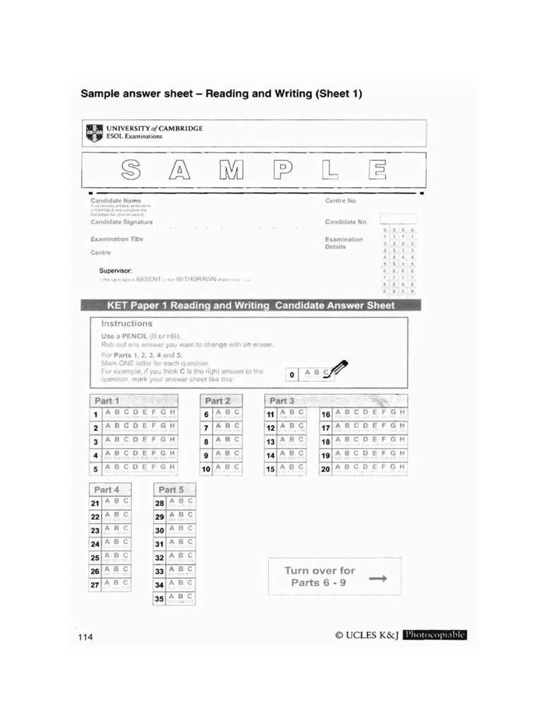 KET Sample Answer Sheets PDF