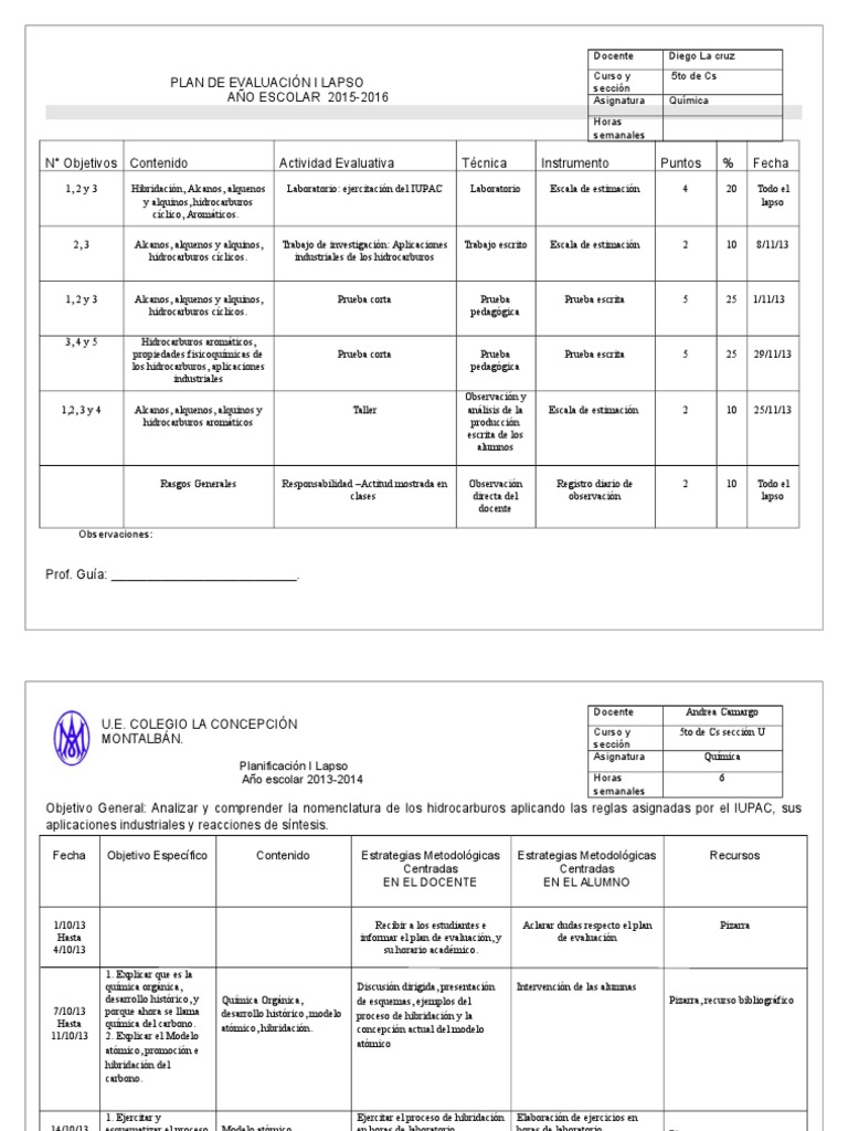 Plan de Evaluacion Quimica 4to Año Primer Lapso | PDF | Alqueno | Alcano