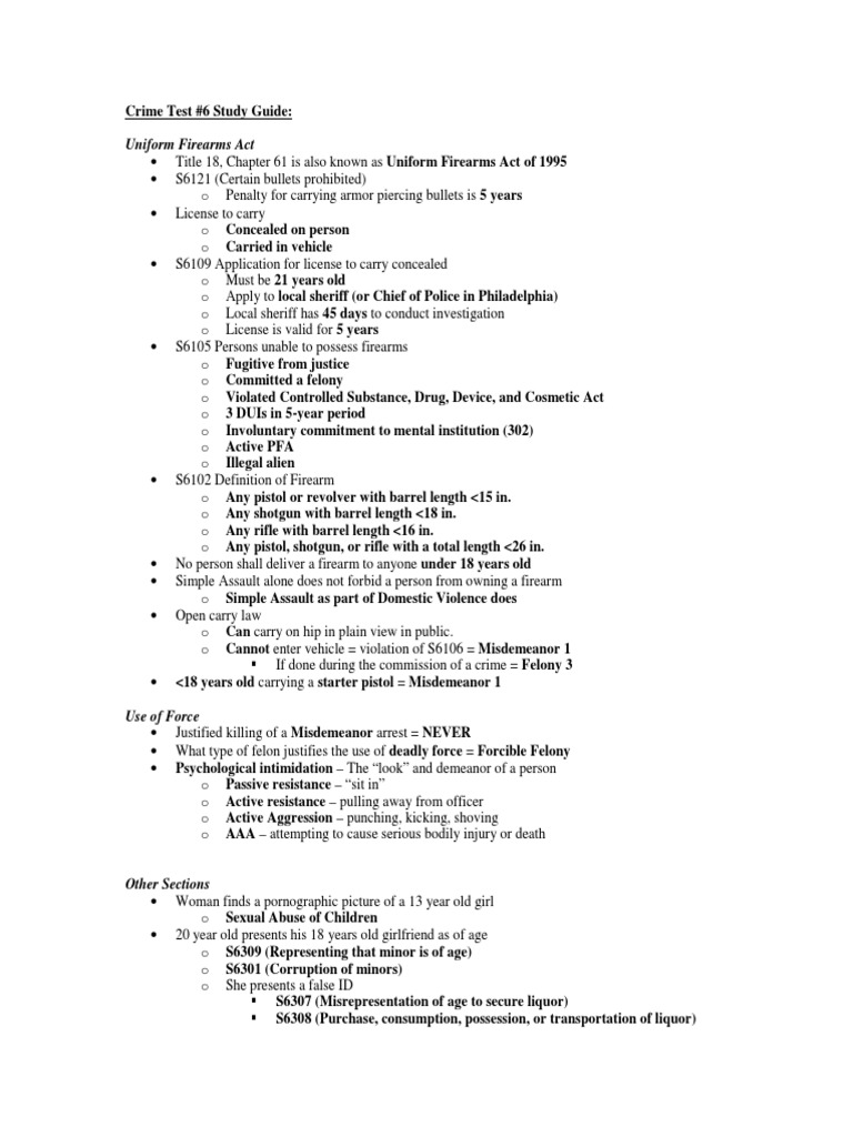 Pa State Police Study Guide Crime6 PDF Handgun Felony
