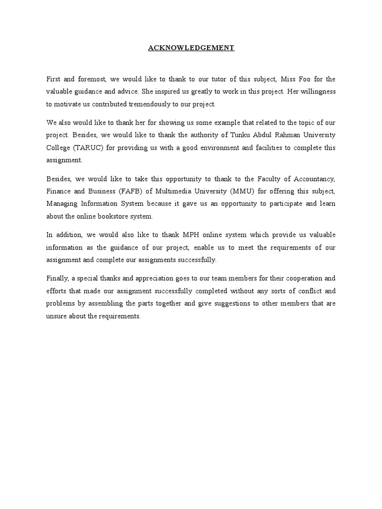 Acknowledgement for College Assignment | PDF