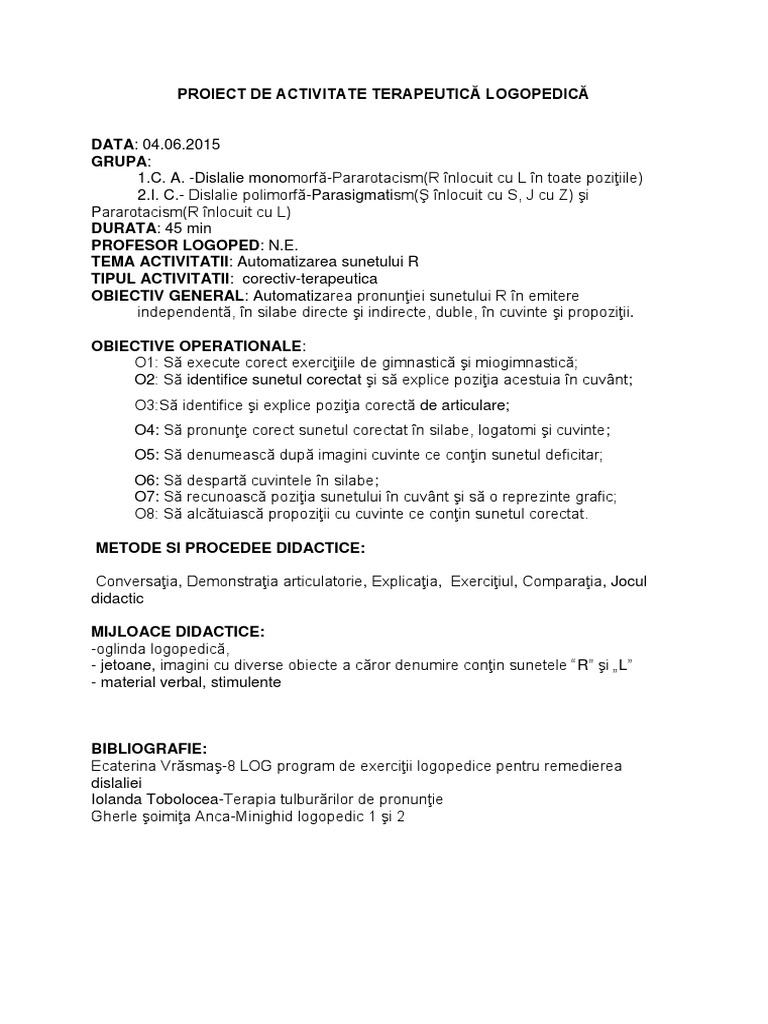 Plan de Lecţie, Logopedie-Automatizarea Sunetului R | PDF