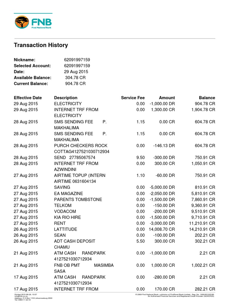 FNB Transaction History Statement | PDF | Debits And Credits ...