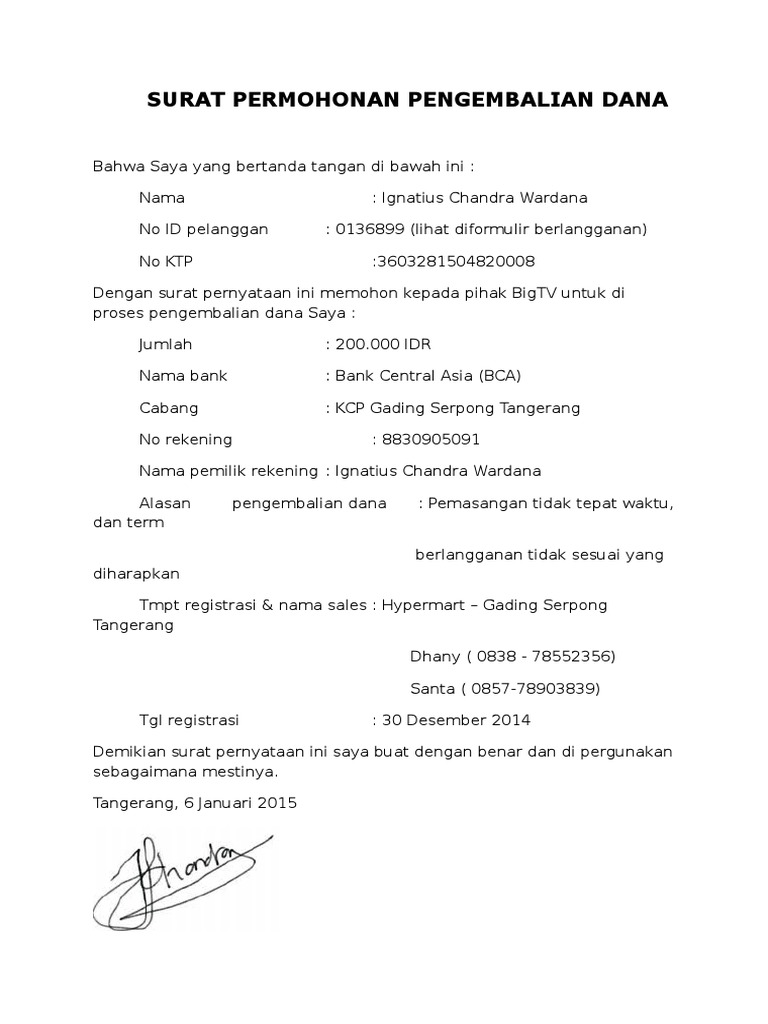 Surat Pernyataan Refund Ignatius Chandra Wardana Nomor Kartu kredit.