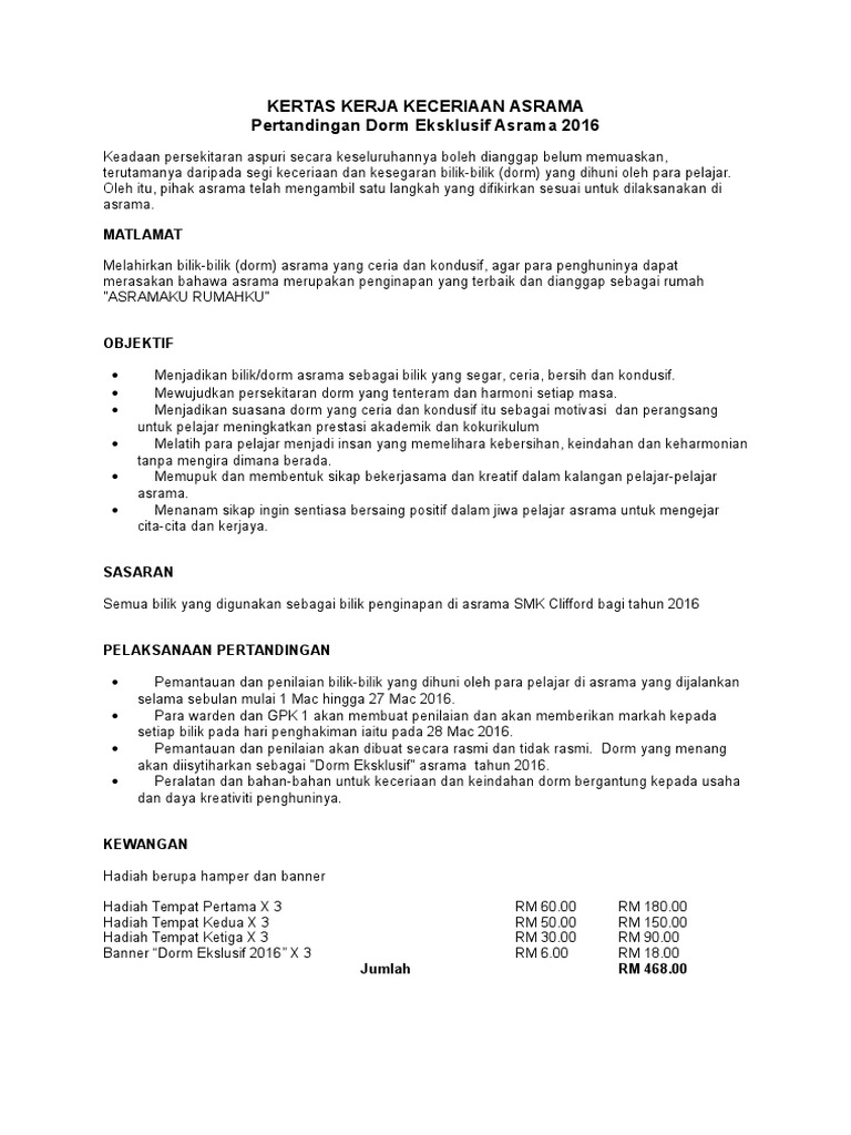Kertas Kerja Program Asrama