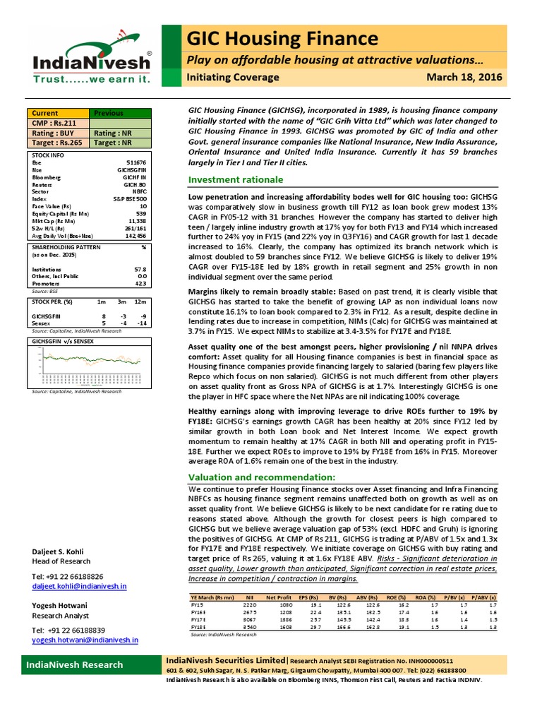 GIC Housing Finance GICHSG Initiating Coverage 18032016 | PDF ...