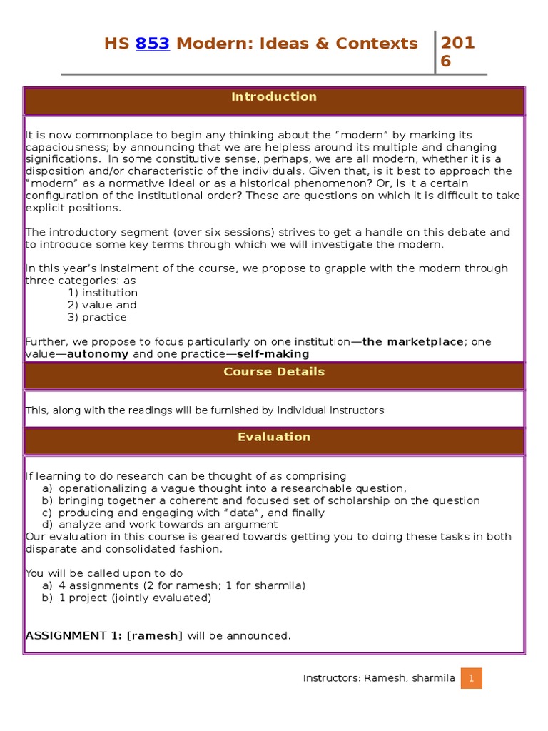HS Modern: Ideas & Contexts 201 6: ASSIGNMENT 1: (Ramesh) Will Be ...