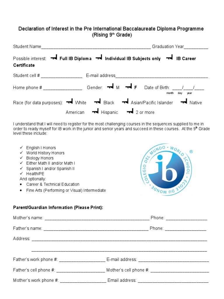 Pre-IB Diploma Interest Form | PDF | Career & Growth | Sports & Recreation