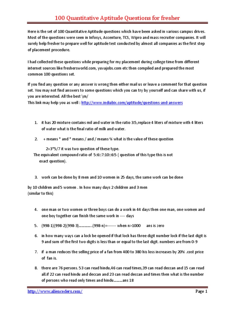 Useful Quant Questions | PDF | Watch | Teaching Mathematics