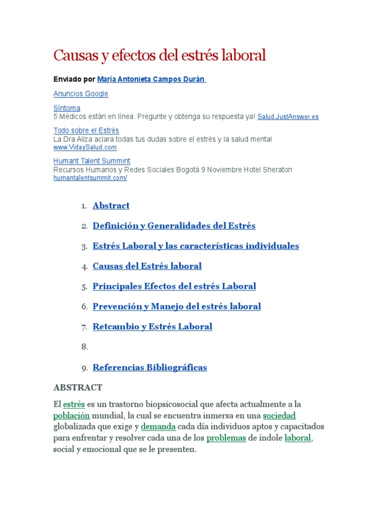Causas y efectos del estrés laboral | PDF | Estrés (biología) | Toma de ...