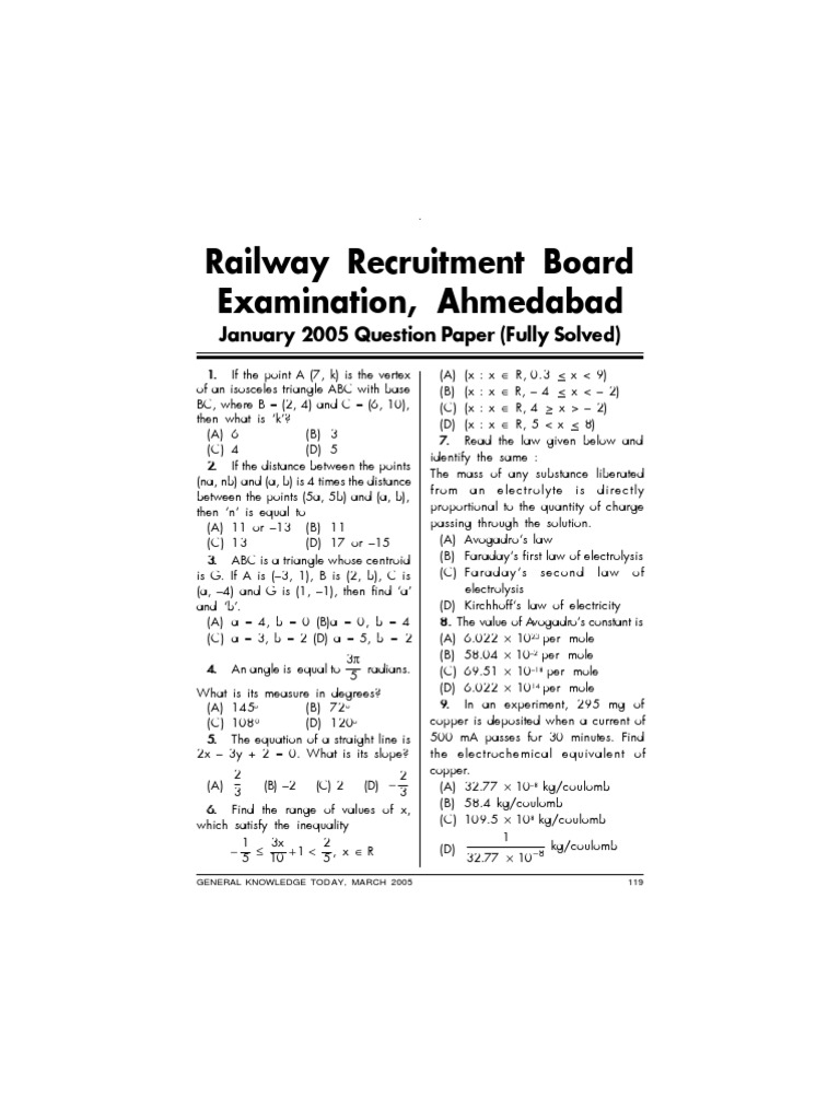 Railway Recruitment Board Examination, Ahmedabad: January 2005 Question ...