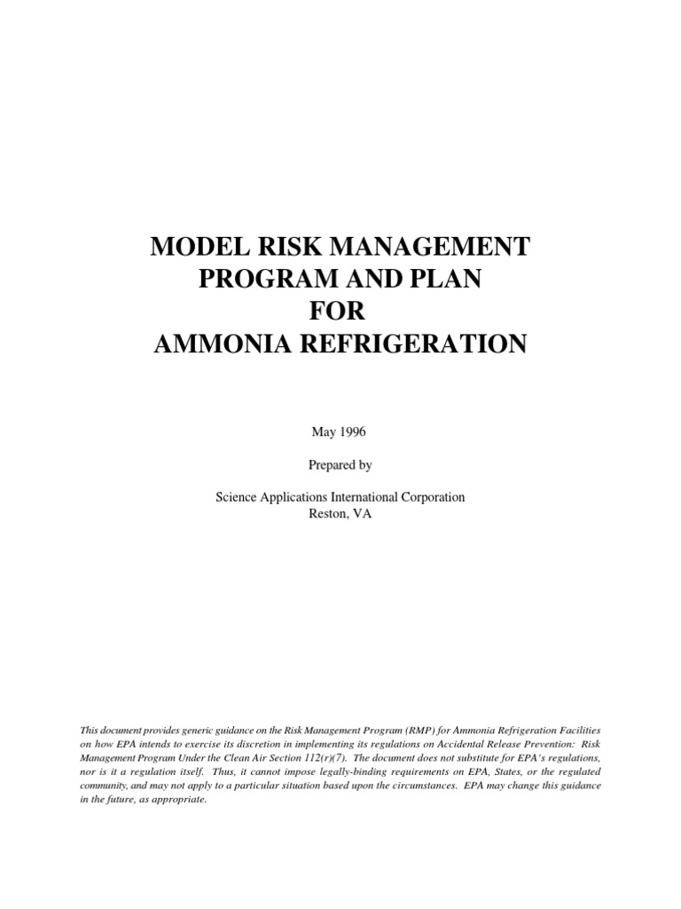 Model Risk Management Program and Plan for Ammonia Refrigeration Risk