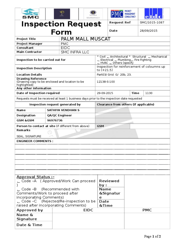 Inspection Request for Palm Mall Muscat | PDF