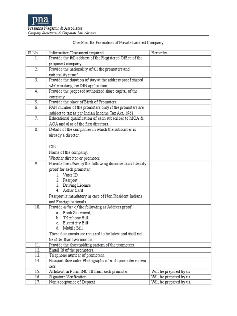 Private Limited Company Formation Checklist | PDF | Business | Finance ...