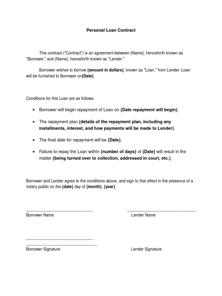 Personal Loan Contract  PDF For personal loan repayment agreement template