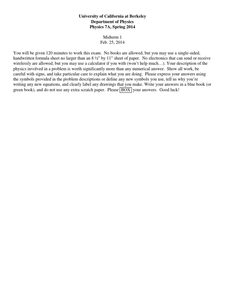 UC Berkeley Physics 7A Midterm Exam 2014 | PDF | Friction | Tension ...
