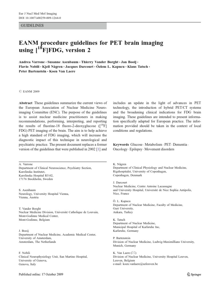 EANM Procedure Guidelines For PET Brain Imaging PDF | PDF | Positron ...